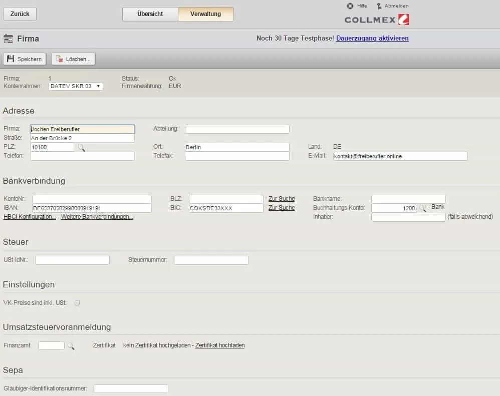 Collmex Firmendaten pflegen