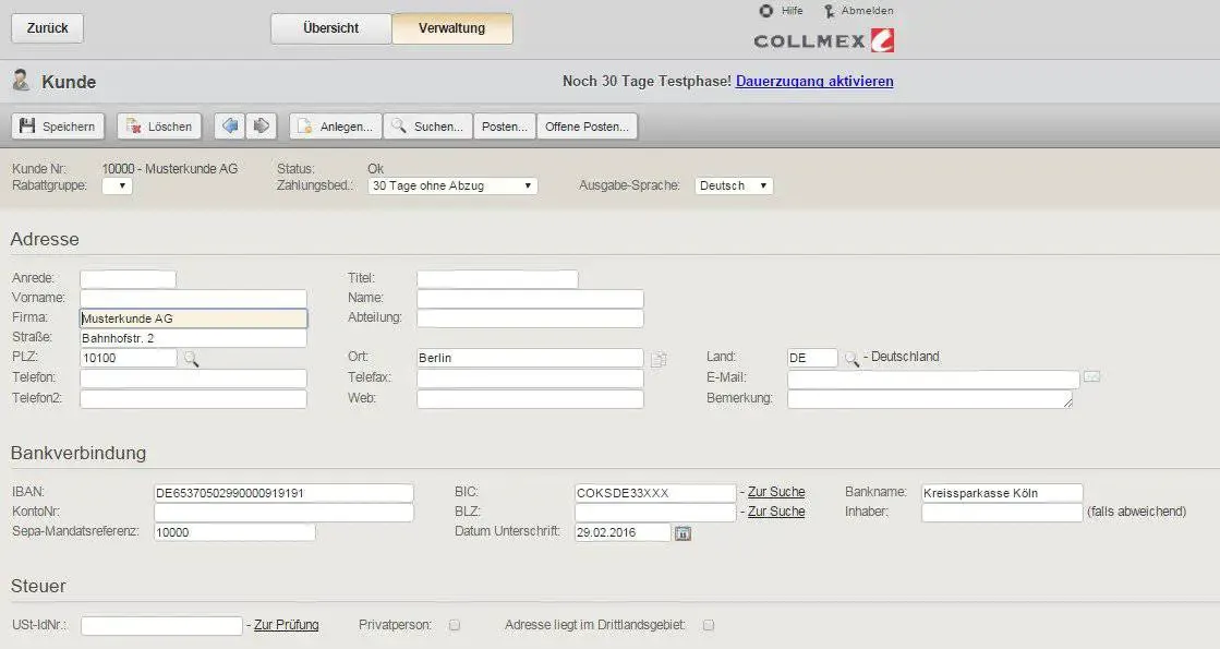 Collmex Kunden anlegen ausgefuellt