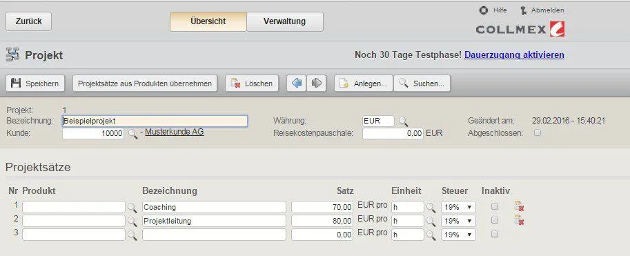 Collmex Projektanlage.