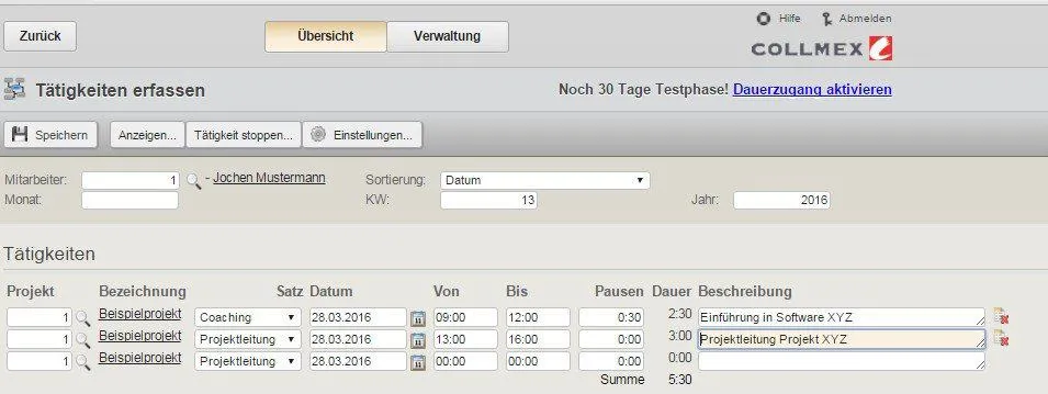 Collmex Tätigkeit erfassen