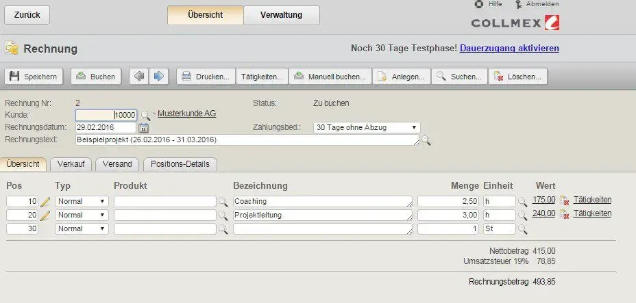 Collmex Rechnung anlegen Schritt 2
